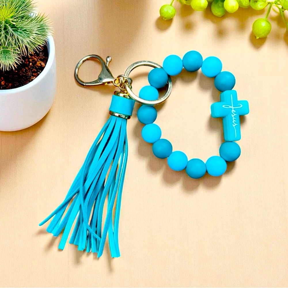 Jesus Blue Rubber Beaded Charm with Tassel